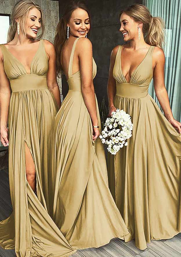 A-Line/Princess Sweep Train Jersey Bridesmaid Dress, V-Neck With Pleats, Split, And Waistband BM bride