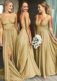 A-Line/Princess Sweep Train Jersey Bridesmaid Dress, V-Neck With Pleats, Split, And Waistband BM bride