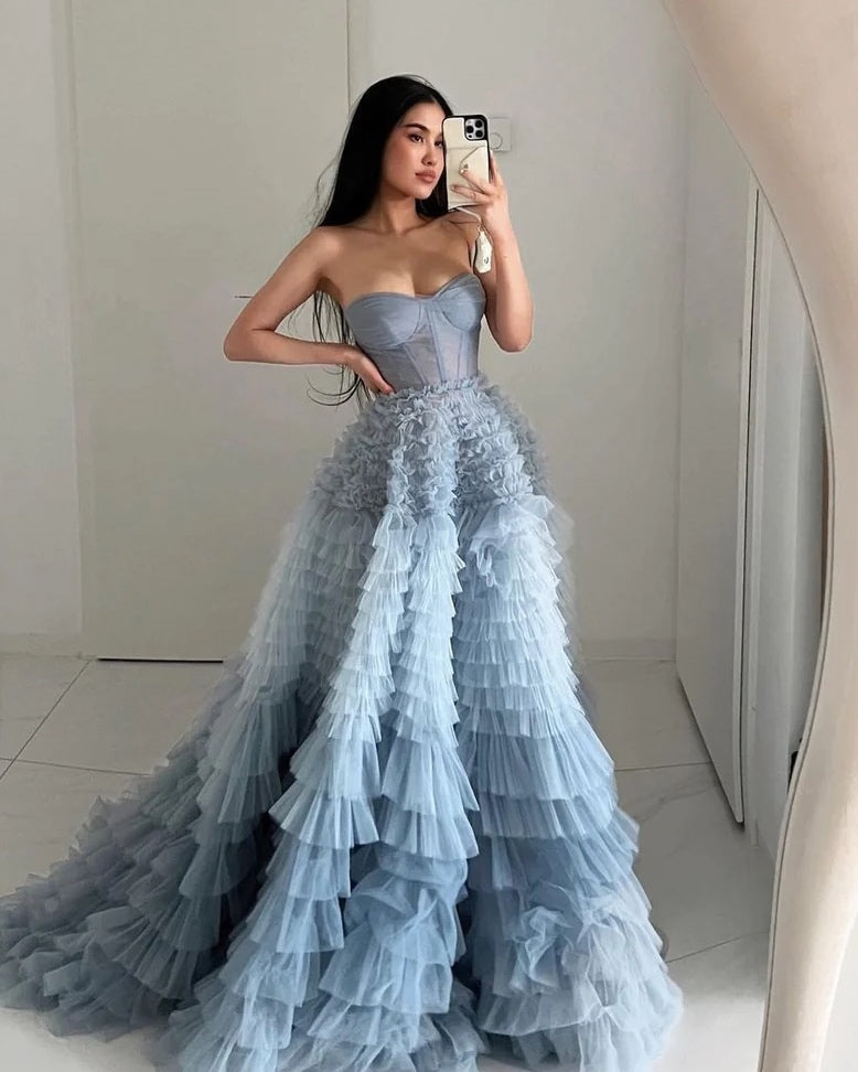 Delightful A-Line Sweetheart Tiered Ruffled Tulle Long Prom Dress BM bride
