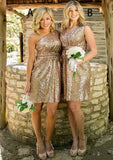 Short/Mini Sequined Bridesmaid Dress, A-Line/Princess Cut, One-Shoulder, Sleeveless BM bride
