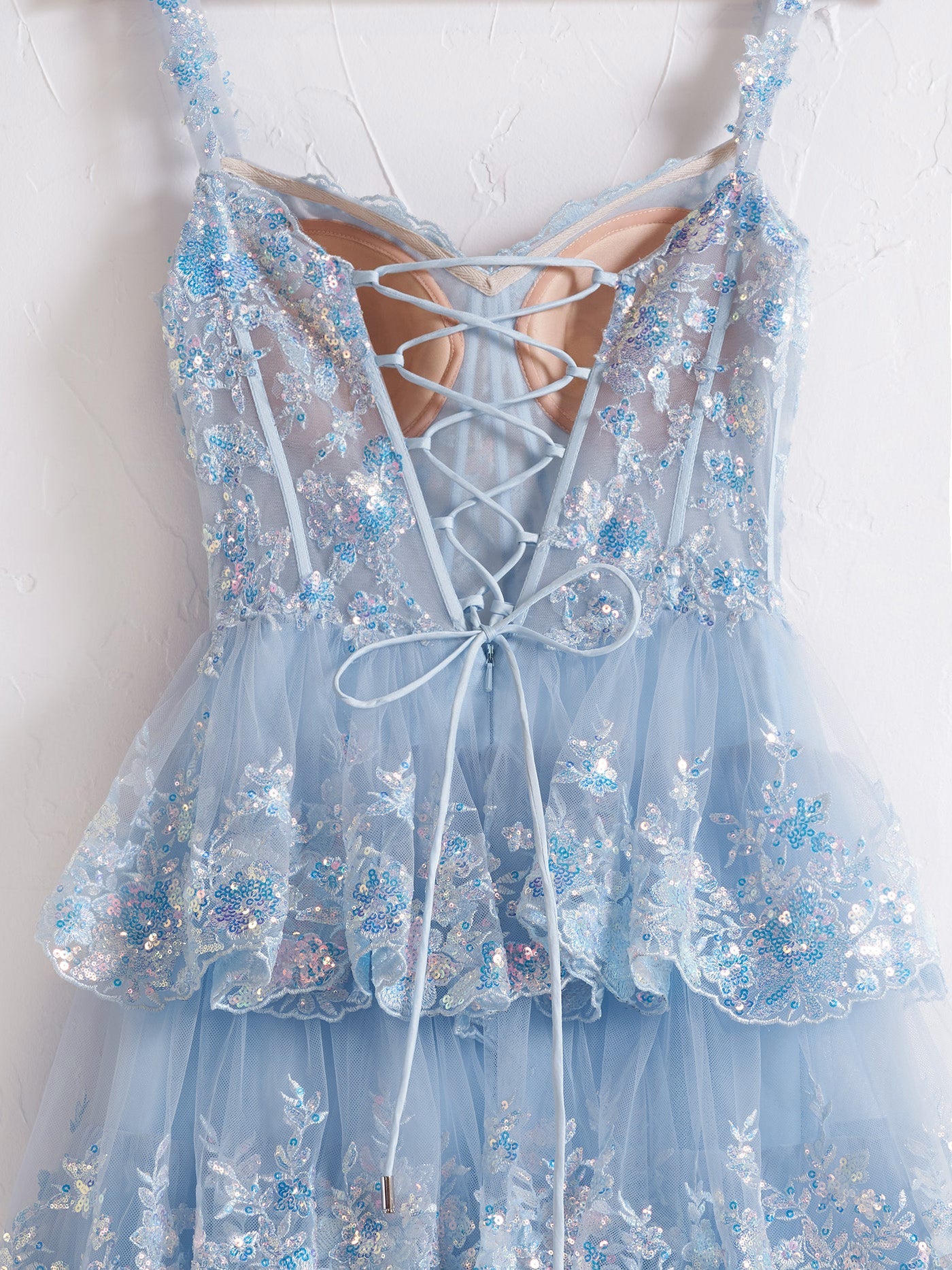 Captivating Blue Crystal Sequins Princess A-Line Off-the-Shoulder Prom Dress with Lace Ruffles BM bride