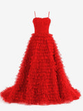 Lovely Red A-Line Tiered Sequins Tulle Long Prom Dress BM bride