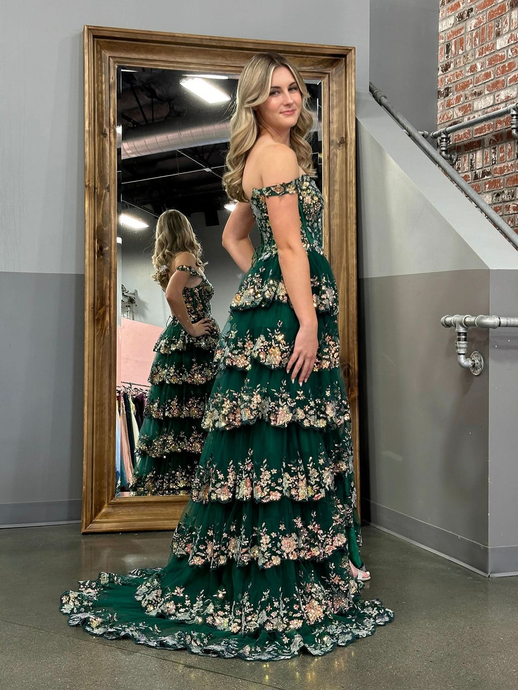 Elegant A-Line Lace Off-the-Shoulder Tiered Long Prom Dress with Slit BM bride