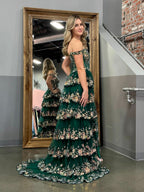 Elegant A-Line Lace Off-the-Shoulder Tiered Long Prom Dress with Slit BM bride