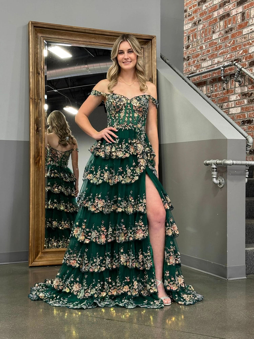 Elegant A-Line Lace Off-the-Shoulder Tiered Long Prom Dress with Slit BM bride