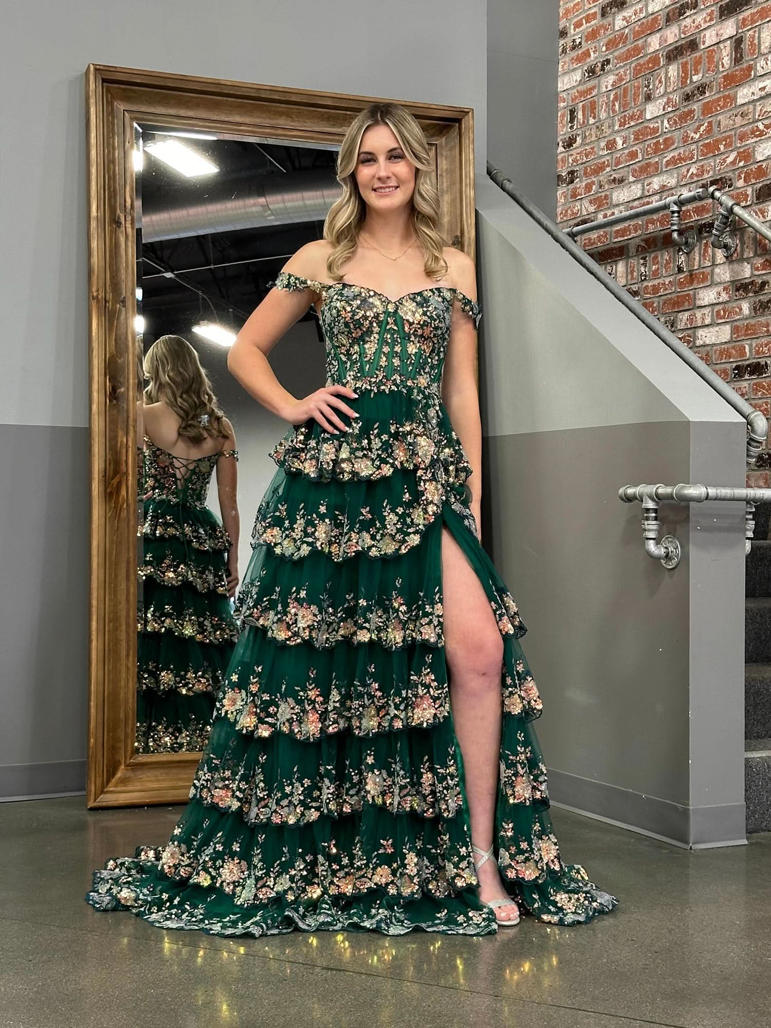 Elegant A-Line Lace Off-the-Shoulder Tiered Long Prom Dress with Slit BM bride