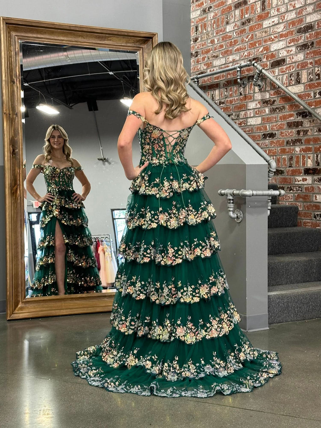 Elegant A-Line Lace Off-the-Shoulder Tiered Long Prom Dress with Slit BM bride