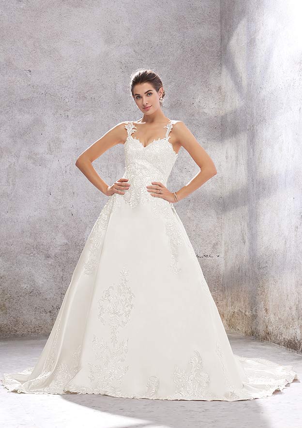 Beautiful Ball Gown Princess Sweetheart Sleeveless Chapel Train Satin Wedding Dress with Appliqueds and Sequins BM bride