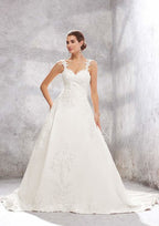 Beautiful Ball Gown Princess Sweetheart Sleeveless Chapel Train Satin Wedding Dress with Appliques and Sequins BM bride