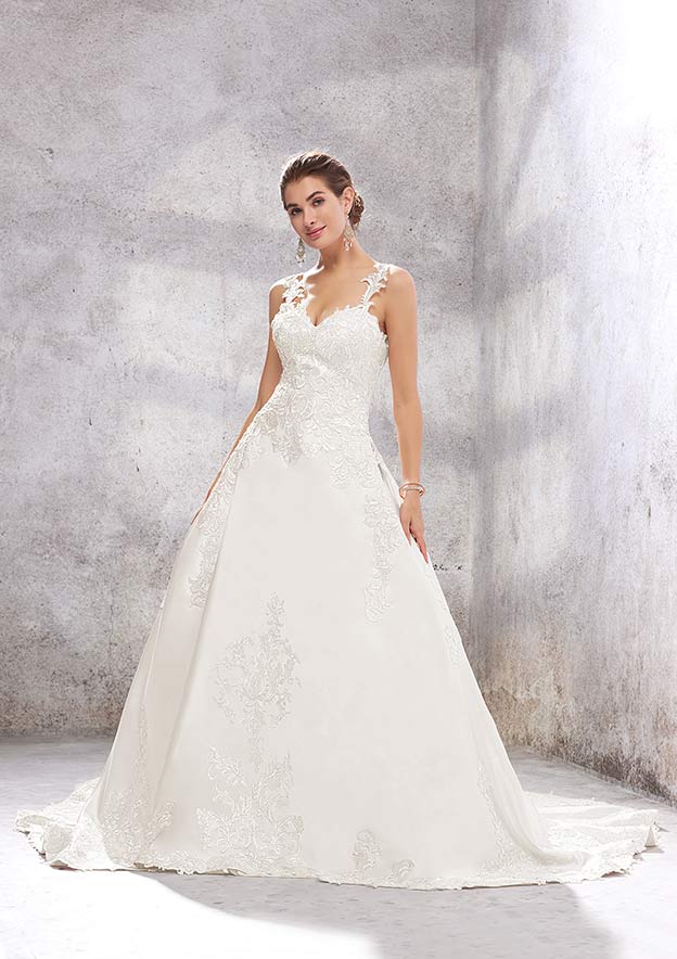 Beautiful Ball Gown Princess Sweetheart Sleeveless Chapel Train Satin Wedding Dress with Appliqueds and Sequins BM bride