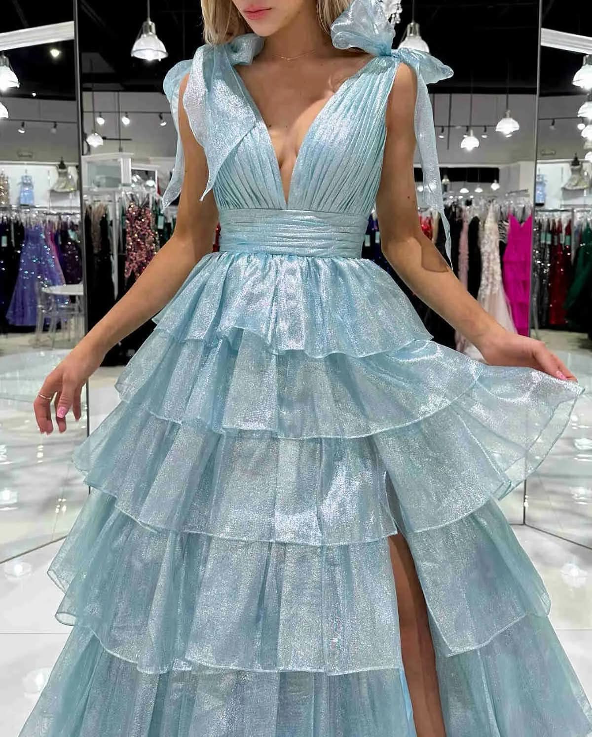Glamorous Glitter Tie Straps Pink Plunging Neck Tiered Long Prom Dress BM bride