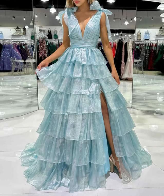 Glamorous Glitter Tie Straps Pink Plunging Neck Tiered Long Prom Dress BM bride