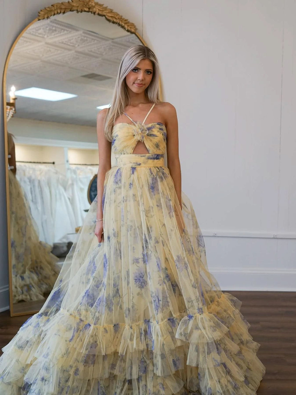 Dazzling Yellow Ruffle Straps 3D Flower Mermaid Long Prom Dress with Glamorous Touch BM bride