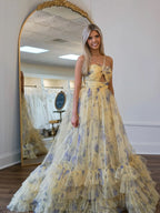 Dazzling Yellow Ruffle Straps 3D Flower Mermaid Long Prom Dress with Glamorous Touch BM bride