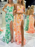 Dazzling Orange Sequin Lace V Neck Mermaid Prom Dress with Slit BM bride