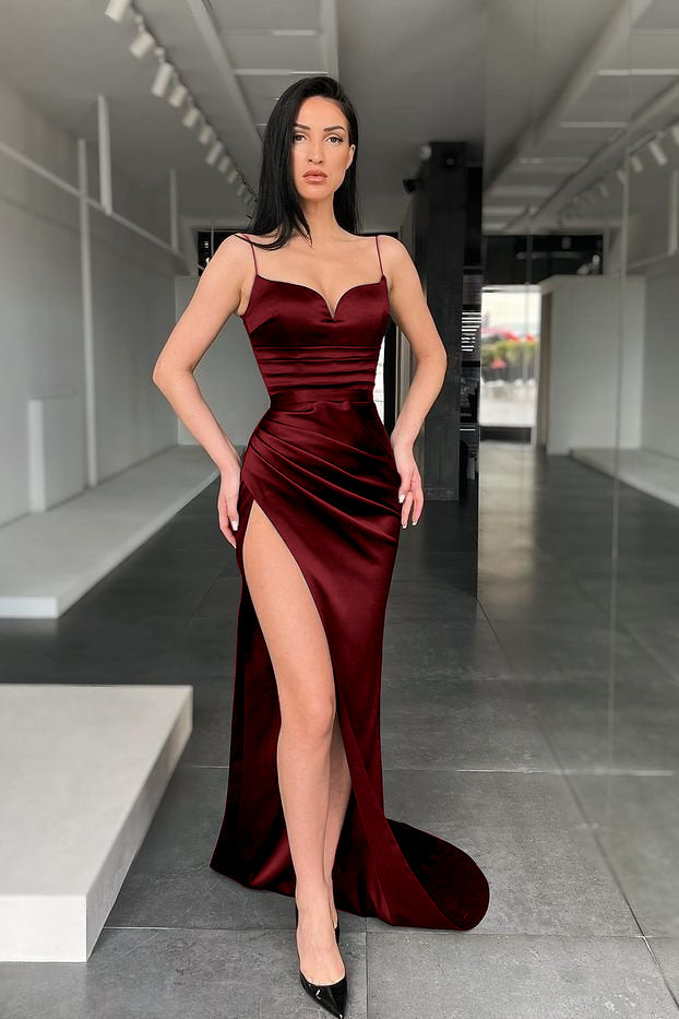 Mermaid Black Spaghetti Strap Sleeveless Long Prom Dress With High Split