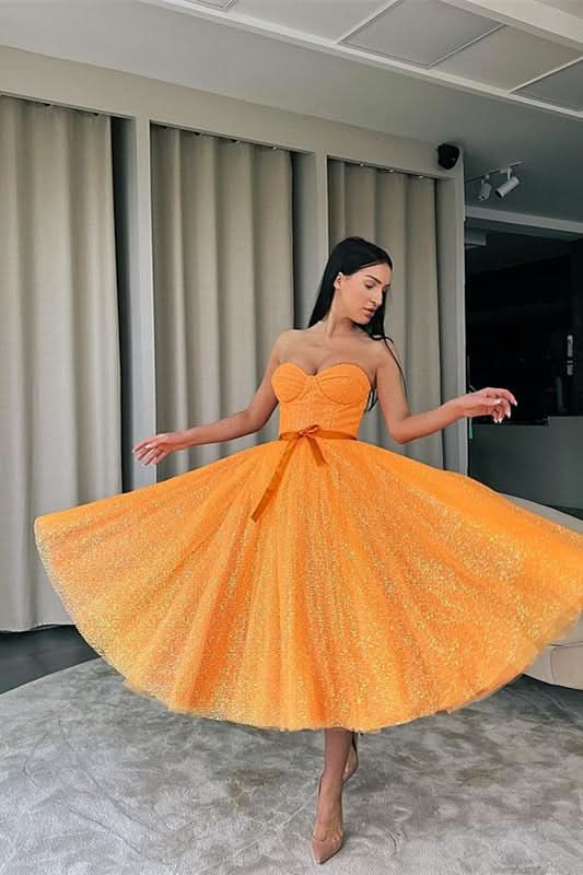 Sweetheart Orange Short Evening Dress with Sequins and Belt BM bride