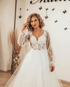 A-Line Sweetheart Long Sleeves Wedding Dress With Lace Appliques Tulle BM bride