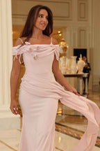 Off the Shoulder Sleeveless Pleated Long Prom Dress With Ruffles