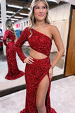 Burgundy One-Shoulder Mermaid Evening Dress Long Sequins BM bride