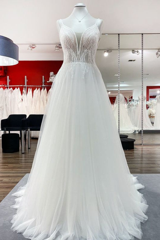 V-Neck Sleeveless Long A-Line Wedding Dress with Sequins, Ruffles, and Open Back Tulle BM bride