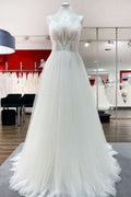 V-Neck Sleeveless Long A-Line Wedding Dress with Sequins, Ruffles, and Open Back Tulle BM bride