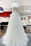 V-Neck Sleeveless Long A-Line Wedding Dress with Sequins, Ruffles, and Open Back Tulle BM bride