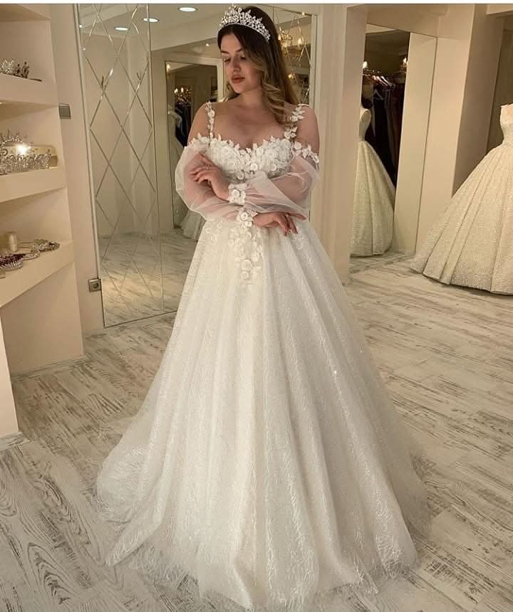 A-line Wedding Dress With Spaghetti-Straps Long Sleeves Lace BM bride