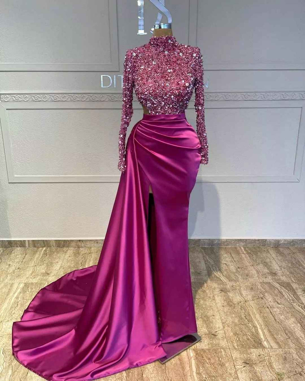 Sequins High Neck Long Sleeves Fuchsia Pleated Long Prom Dress With Split
