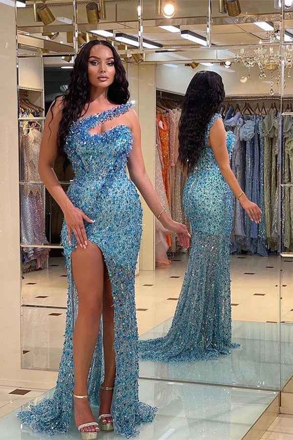 Gorgeous Blue Strapless Mermaid Prom Dress Split With Beadings