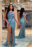 Vintage Blue Beadings Strapless Mermaid Prom Dress with Split BM bride