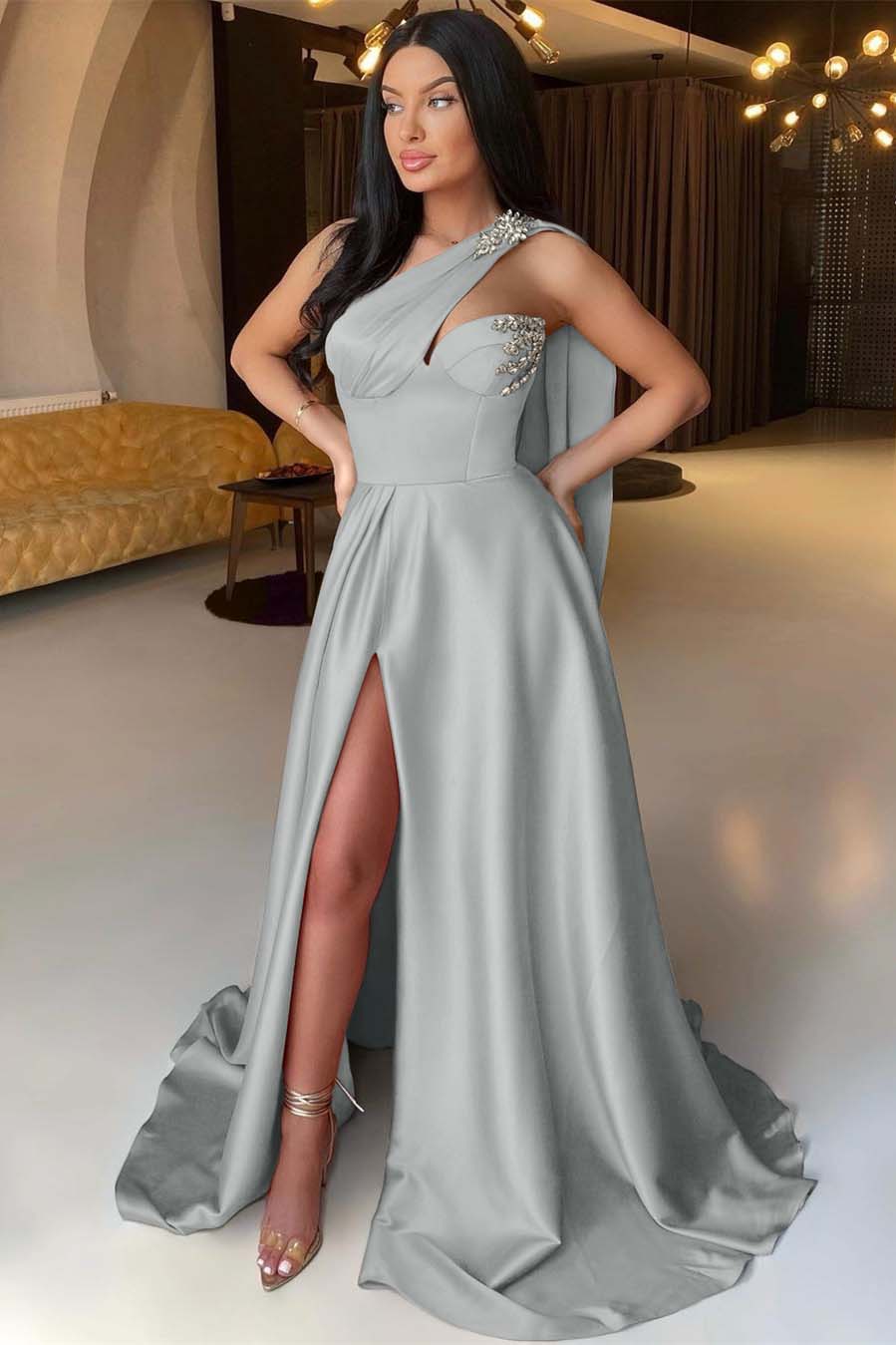 Front Split One Shoulder Sleeveless Mermaid Prom Dress With Beadings Online BMBRIDE