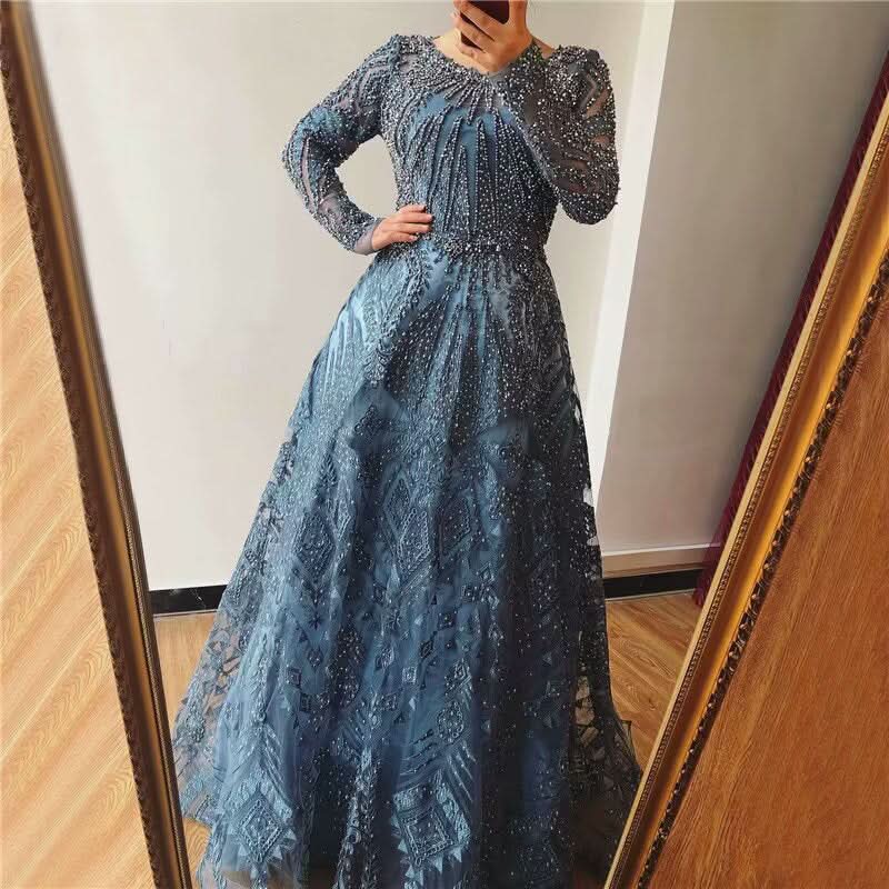 Elegant Ink Blue Long Sleeve Prom Dress, Sequin Applique A-Line BM bride