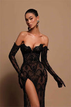Glamorous Black Strapless Embroidery Long Split Prom Dress With Gloves