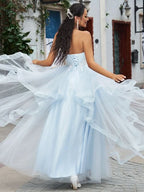 Baby Blue Long Tulle Prom Dress with Applique BM bride