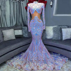 High Neck Long Sleeves Mermaid Prom Dress with Sequins and Lace BM bride
