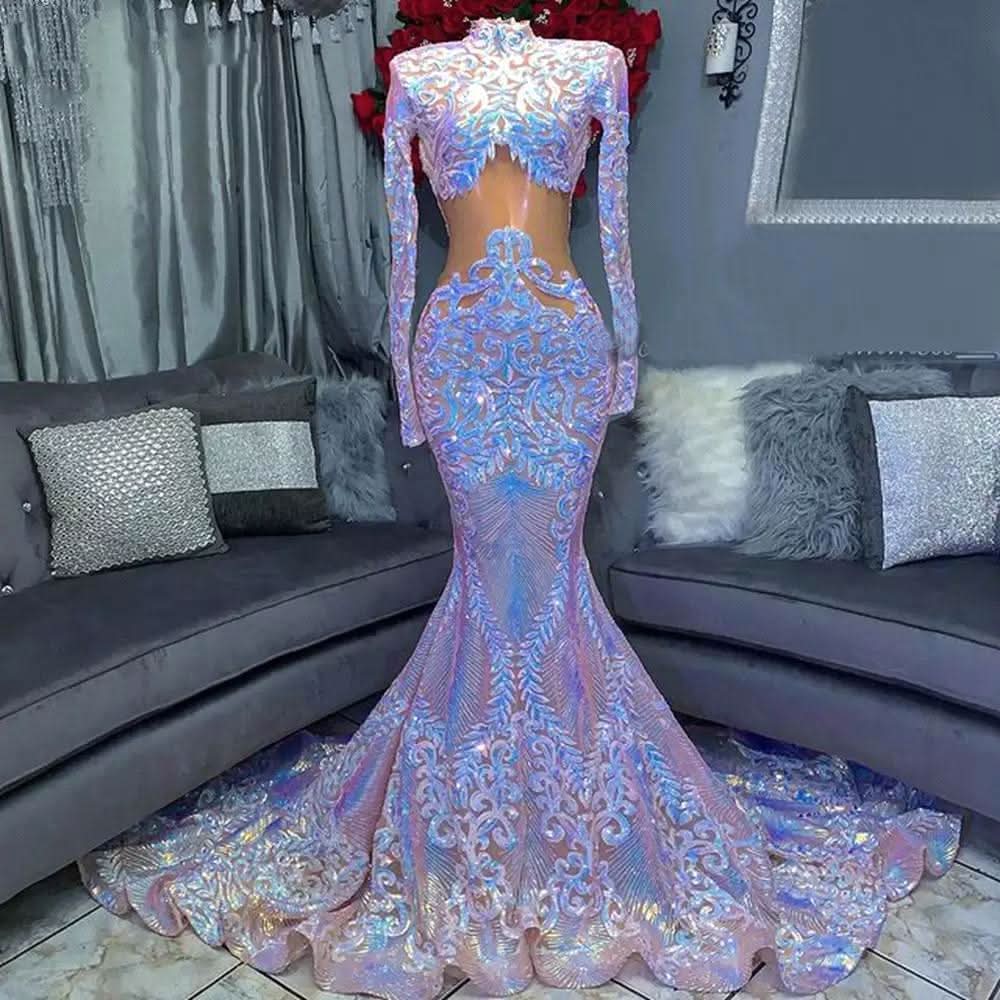 High Neck Long Sleeves Mermaid Prom Dress with Sequins and Lace BM bride