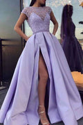 Jewel Neck Short Sleeves Lavender Long Prom Dress Front Split With Beadings