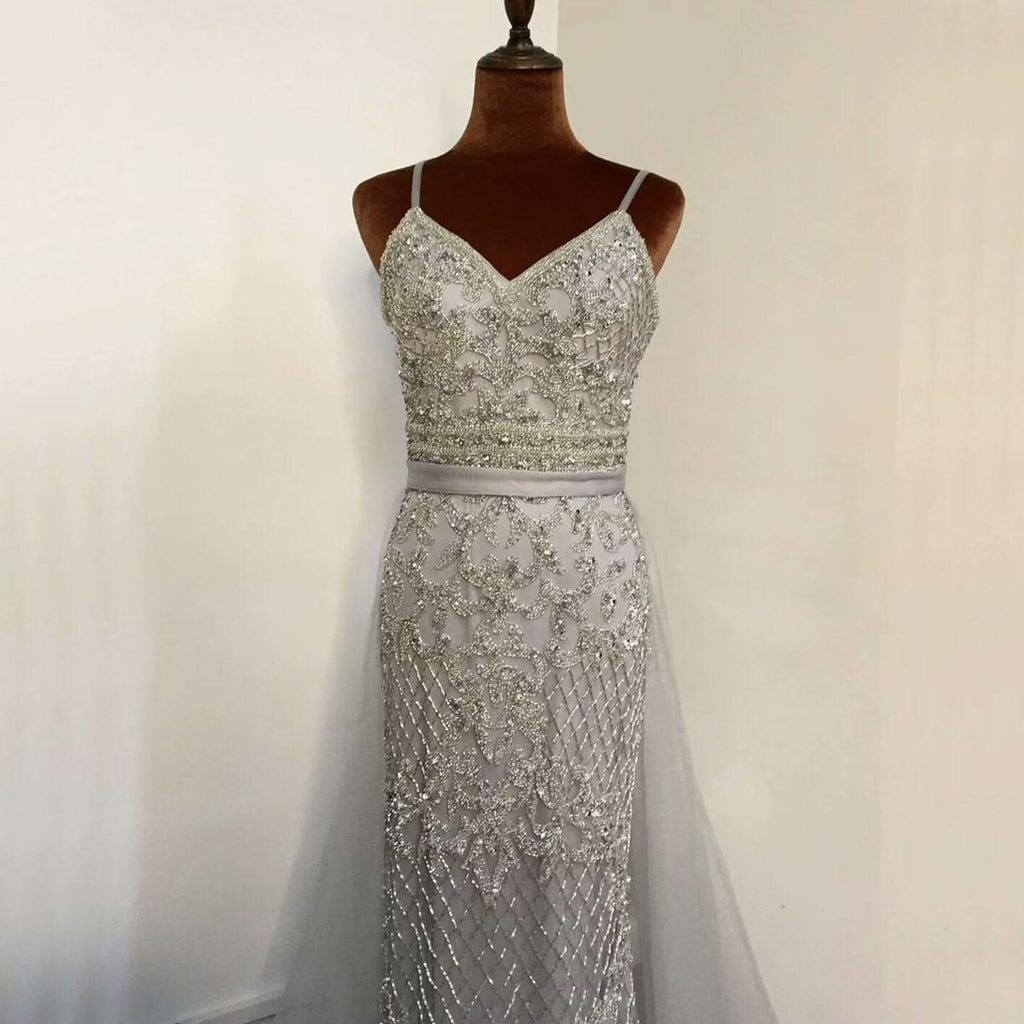 Champagne Sequined Mesh Prom Dress with Sleeveless A-Line Backless Style BM bride