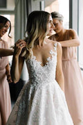 Straps V-neck Floral Beads A-line Wedding Dress with Romantic Embellishments BM bride