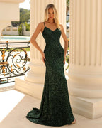 Spaghetti Strap Sequined Mermaid Evening Dress BM bride