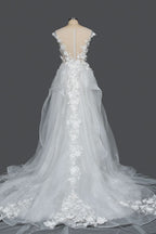 Cap Sleeve Jewel Neck Ball Gown Wedding Dress with Floral Appliques BM bride