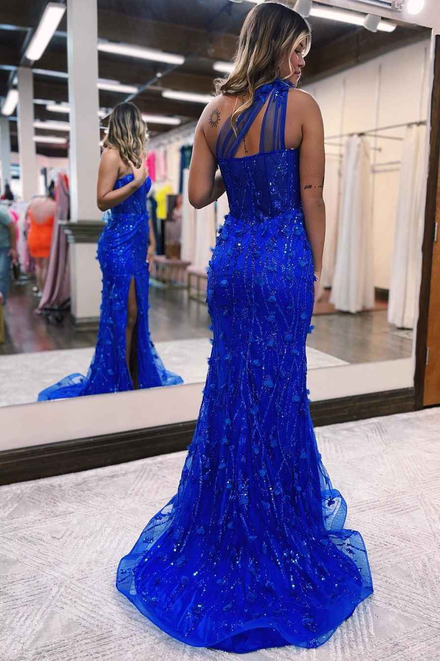 Klein blue One Shoulder Mermaid Split Prom Dress With Flower Appliques