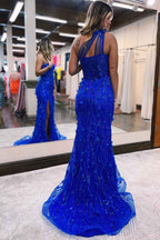 Klein blue One Shoulder Mermaid Split Prom Dress With Flower Appliques
