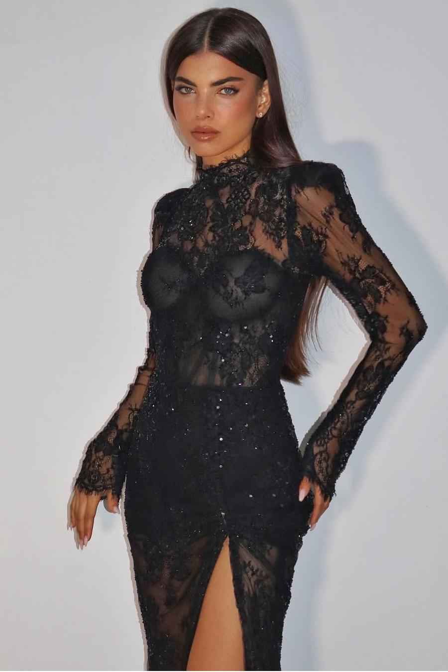 High Neck Long Sleeves Mermaid Split Long Prom Dress With Lace