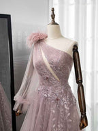 Shinning Blushing Pink One Shoulder Appliques Embroidery Prom Dress