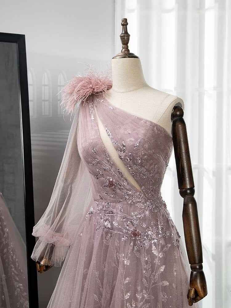 Shinning Blushing Pink One Shoulder Appliques Embroidery Prom Dress