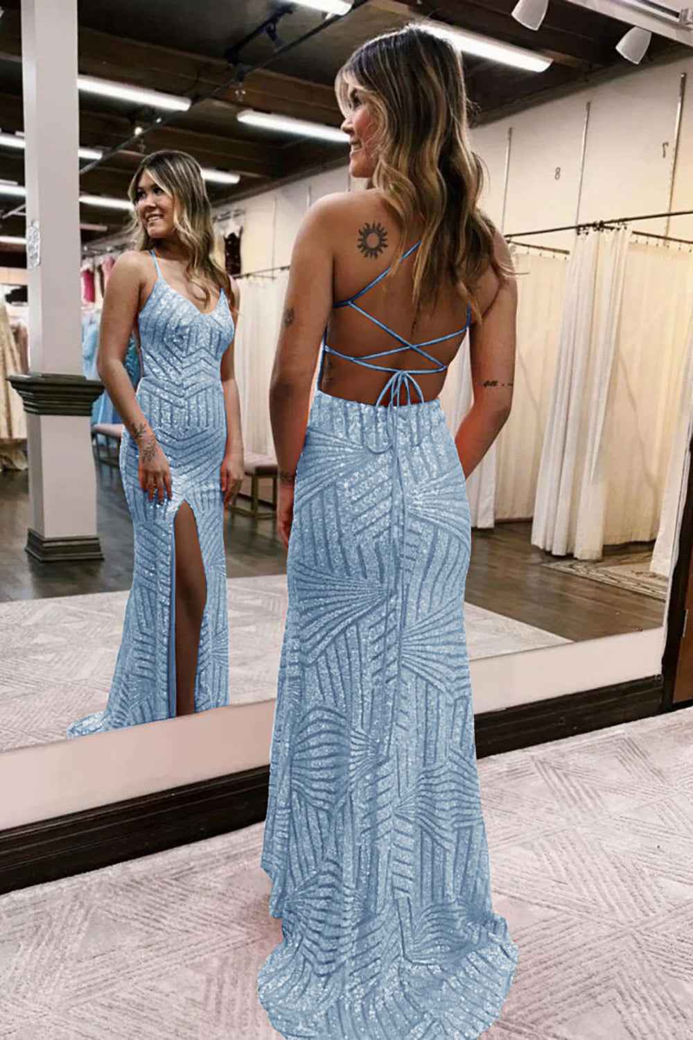 Sheath Spaghetti Straps Orange Sequins Long Prom Dress with Criss Cross Back