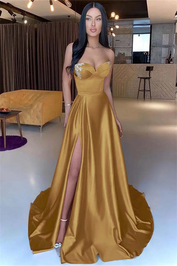 Sweetheart Yellow Strapless Mermaid Beadings Long Prom Dress With Split BMBRIDE