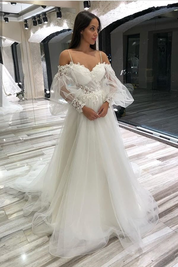 A-Line Off-the-Shoulder Long Sleeve Spaghetti Strap Wedding Dress with Lace Appliques and Tulle BM bride